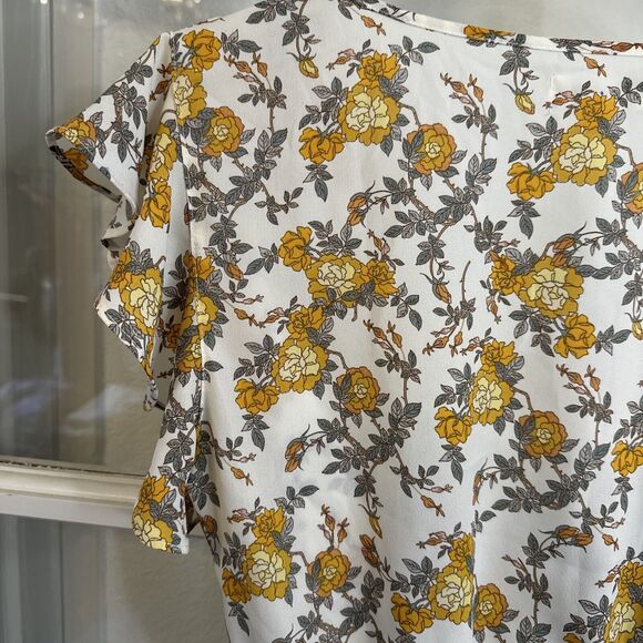 MAX STUDIO Yellow Floral Peplum Blouse Tie Waist Flutter Sleeve Womens S - Picture 10 of 13